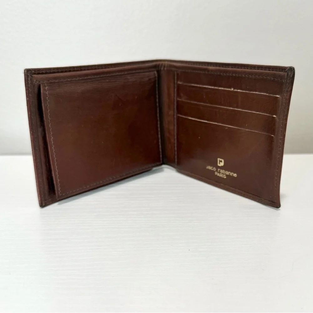 Vintage Paco Rabanne Paris Whiskey Brown Leather Bifold Heritage Card Wallet